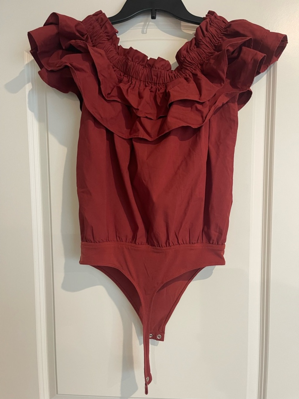 Express Rust Off-Shoulder Ruffle One-Piece Bodysuit - Picture 3 of 4
